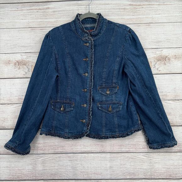 Studio West Jacket Womens Large Blue Denim Ruffle Trim Western Button Up Jeans - Picture 1 of 12